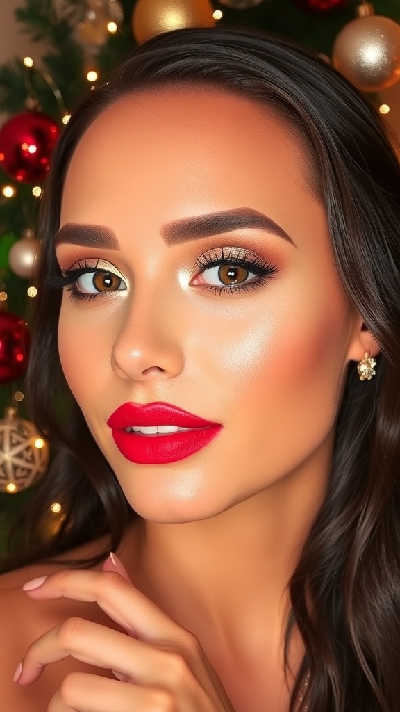 A model showcasing a festive makeup look with red lips and glittery eyes, set against a Christmas-themed backdrop.